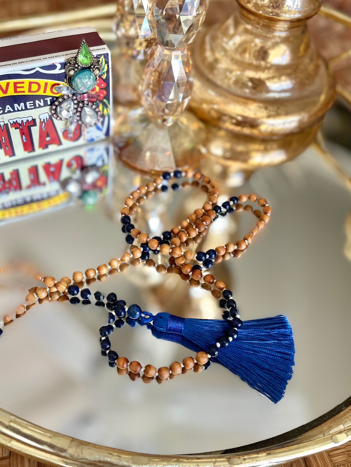 Cedarwood & Lapis Lazuli Gemstone Japa Mala - 6mm