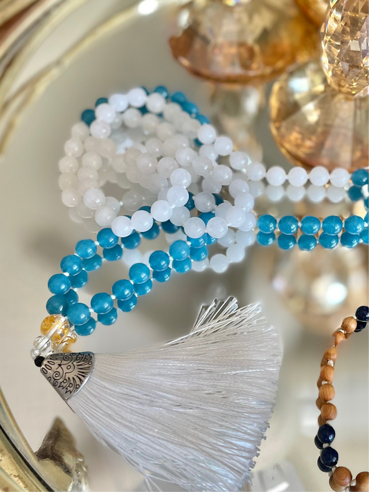 Milky Quartz & Aquamarine with White Tassel - 8mm