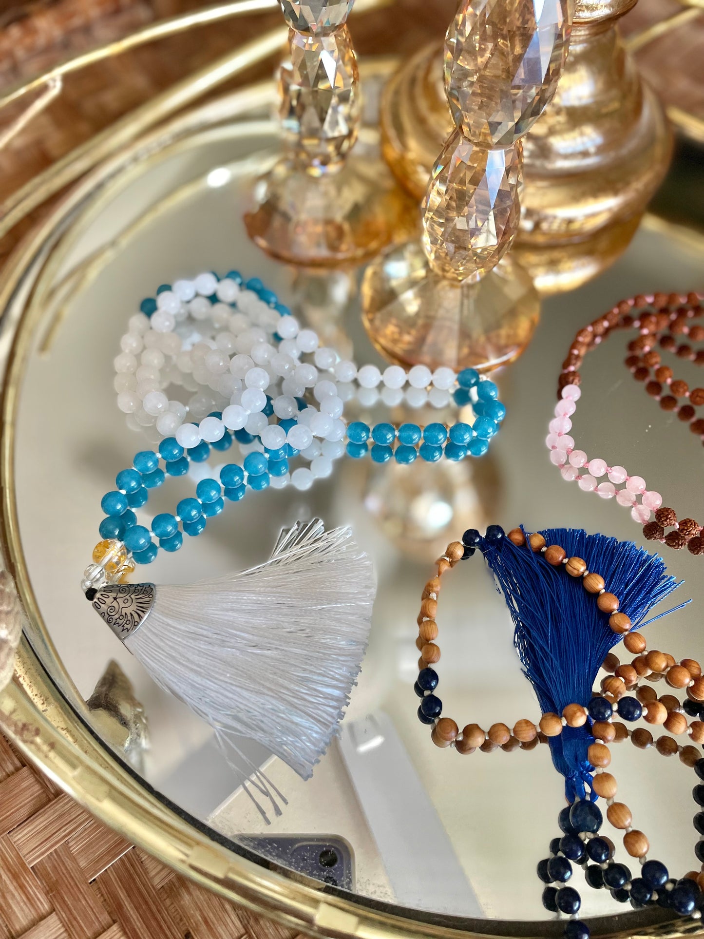 Milky Quartz & Aquamarine with White Tassel - 8mm